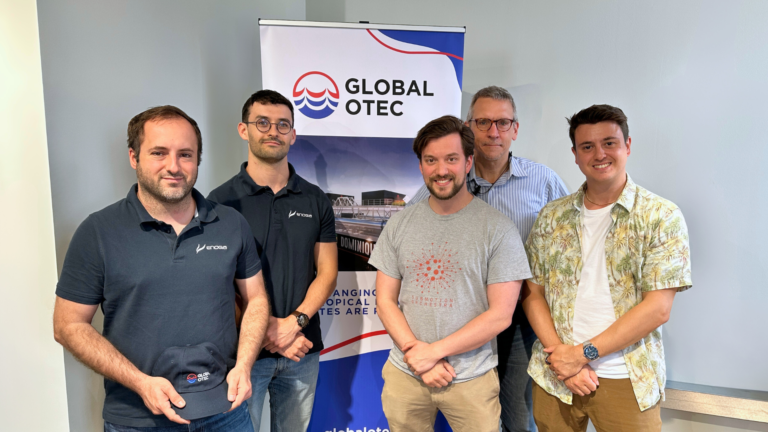 ENOGIA and Global OTEC teams during a meeting in London in June (Pictured L-R, Arthur Leroux, Guillaume Arnaud, Sam Johnston, Andreas Koall, Dan Grech)